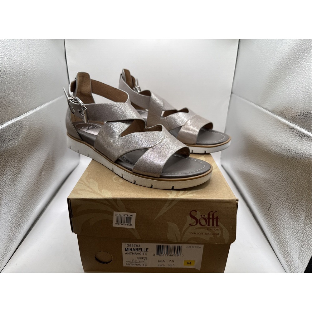 Sofft Womens Mirabelle Sandals Size 7.5M Pewter Metallic Leather Strappy Shoe